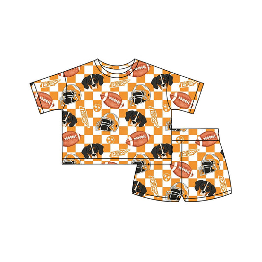 ( Moq 5 ) Preorder Baby Girls Short Sleeves Dogs Football Orange Checked Shirt Shorts Team Clothes Set