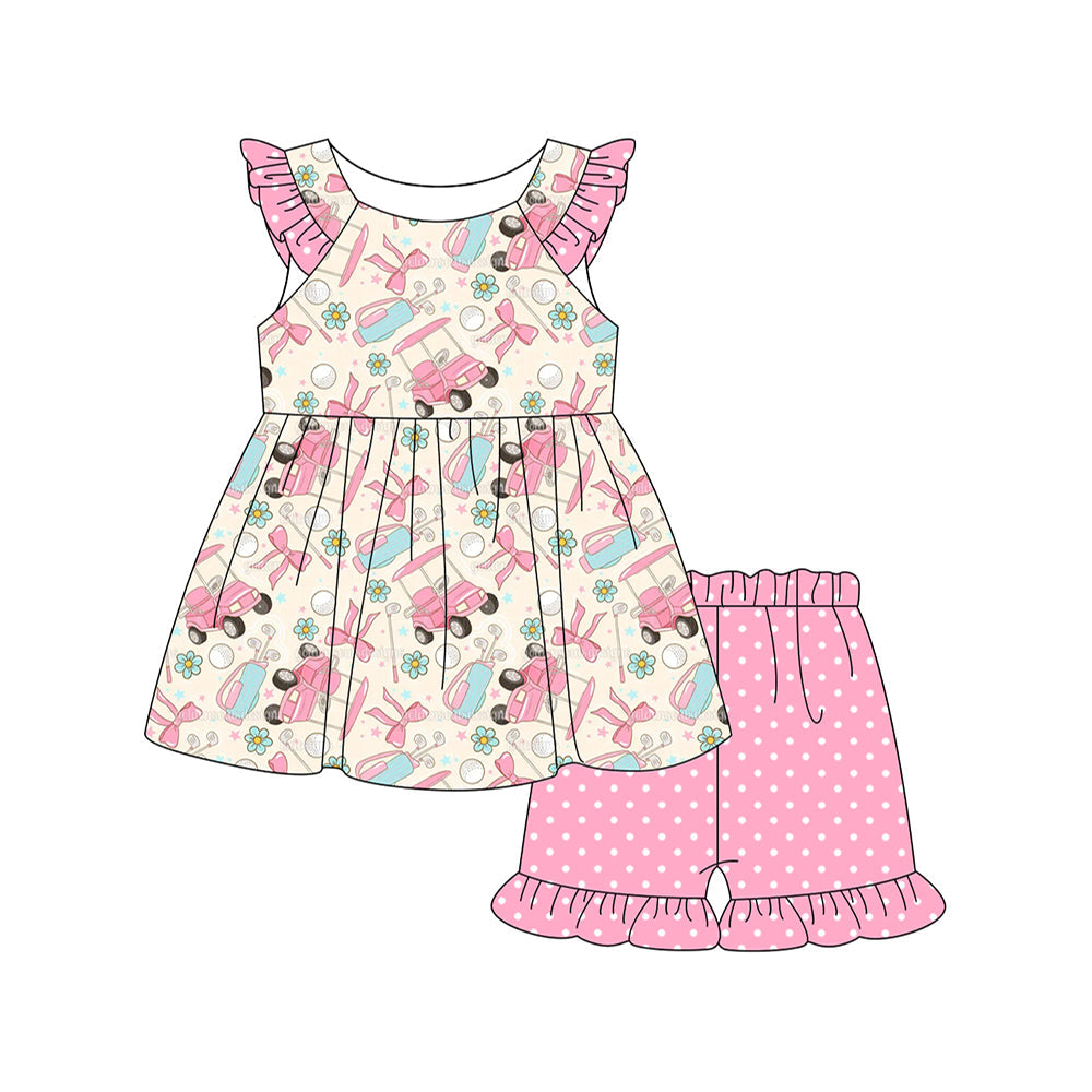 ( Moq 5 ) Preorder Baby Girls Kids Short Sleeves Golf Flower Bows Tunic Pink Shorts Outfit