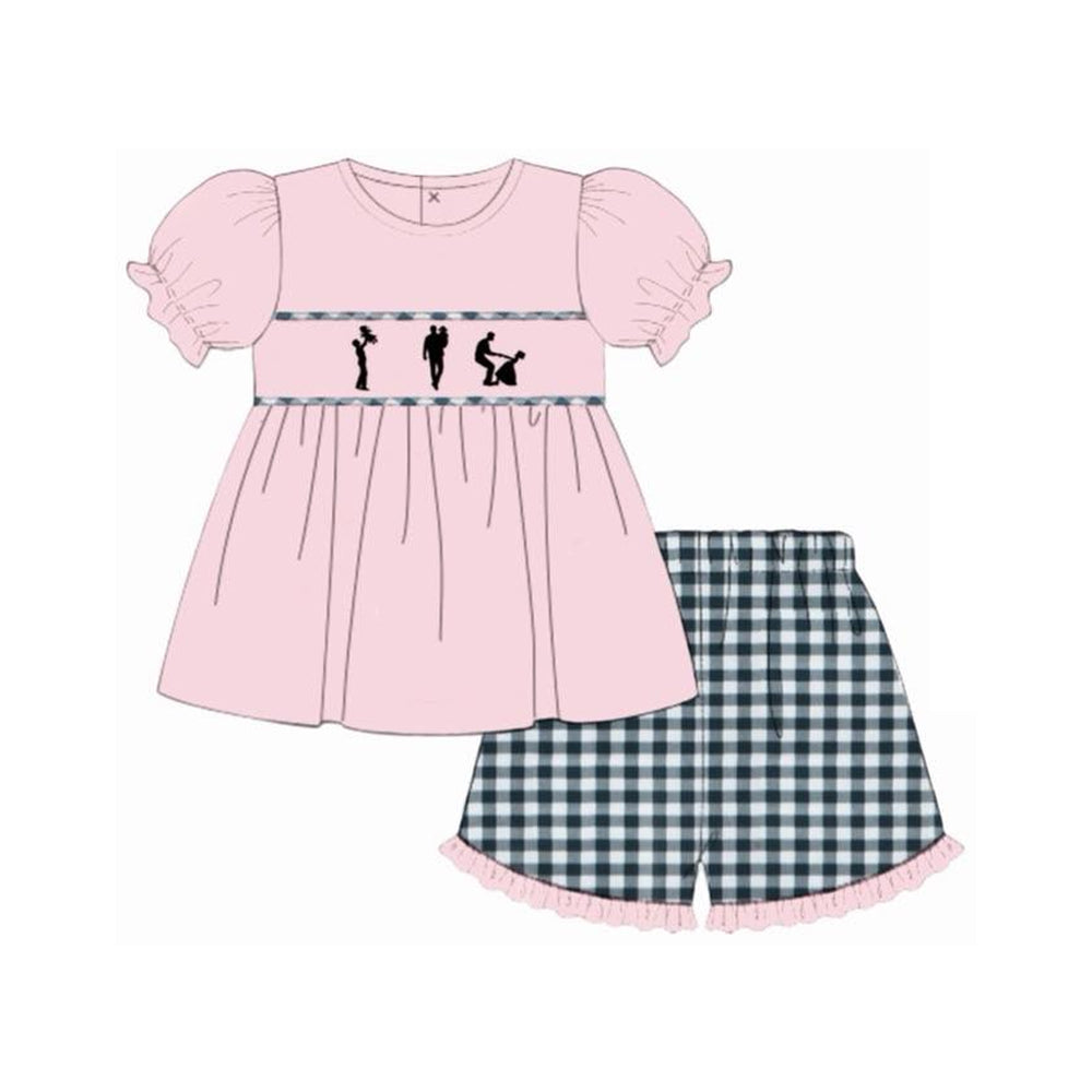 ( Moq 5 ) Preorder Baby Girls Kids Pink Short Sleeves Daddy's Girl Tunic Plaid Shorts Set