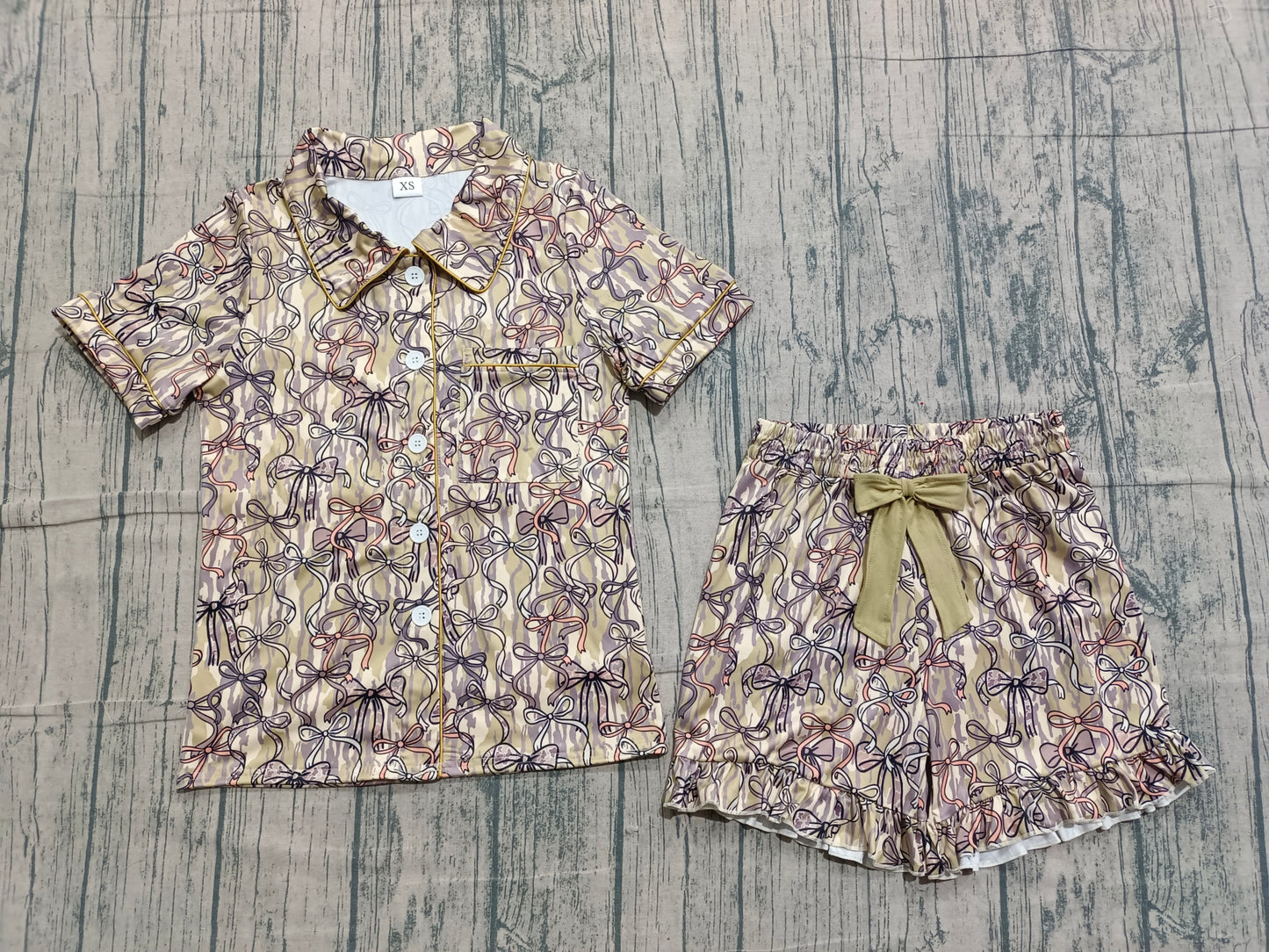 Adult Women Short Sleeves Camo Bows Pocket Buttons Shirt Shorts Pajamas Clothes Set