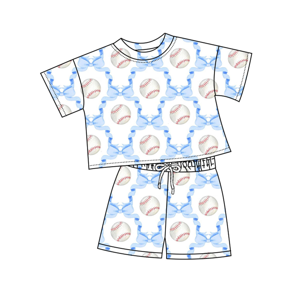 ( Moq 5 ) Preorder Baby Girls Kids Short Sleeves Baseball Blue Bows Shirt Shorts Clothes Set