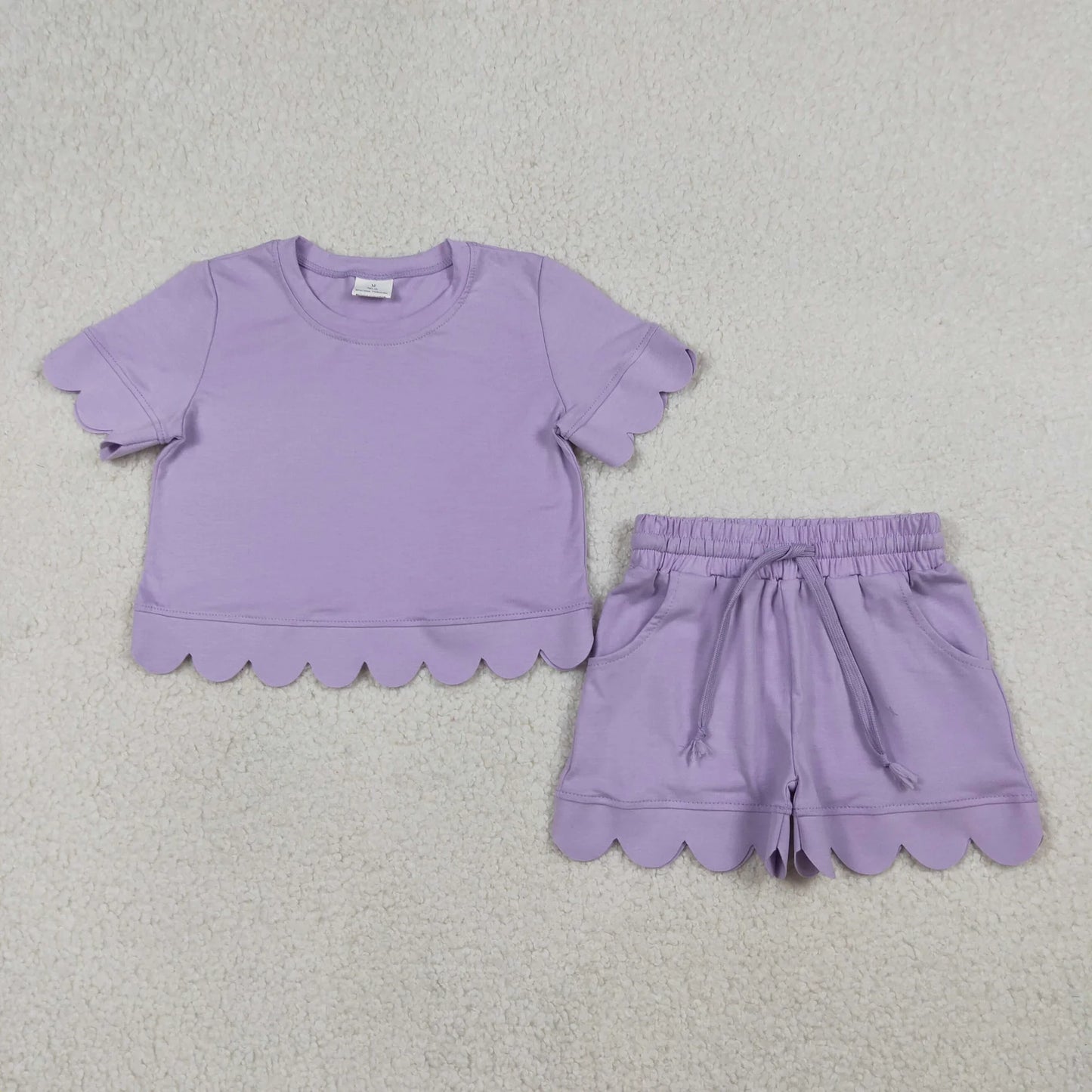 Sibling Baby Girls Adult Women Short Sleeves Purple Cotton Shirts Shorts Scallop Sets Summer Clothes RTS