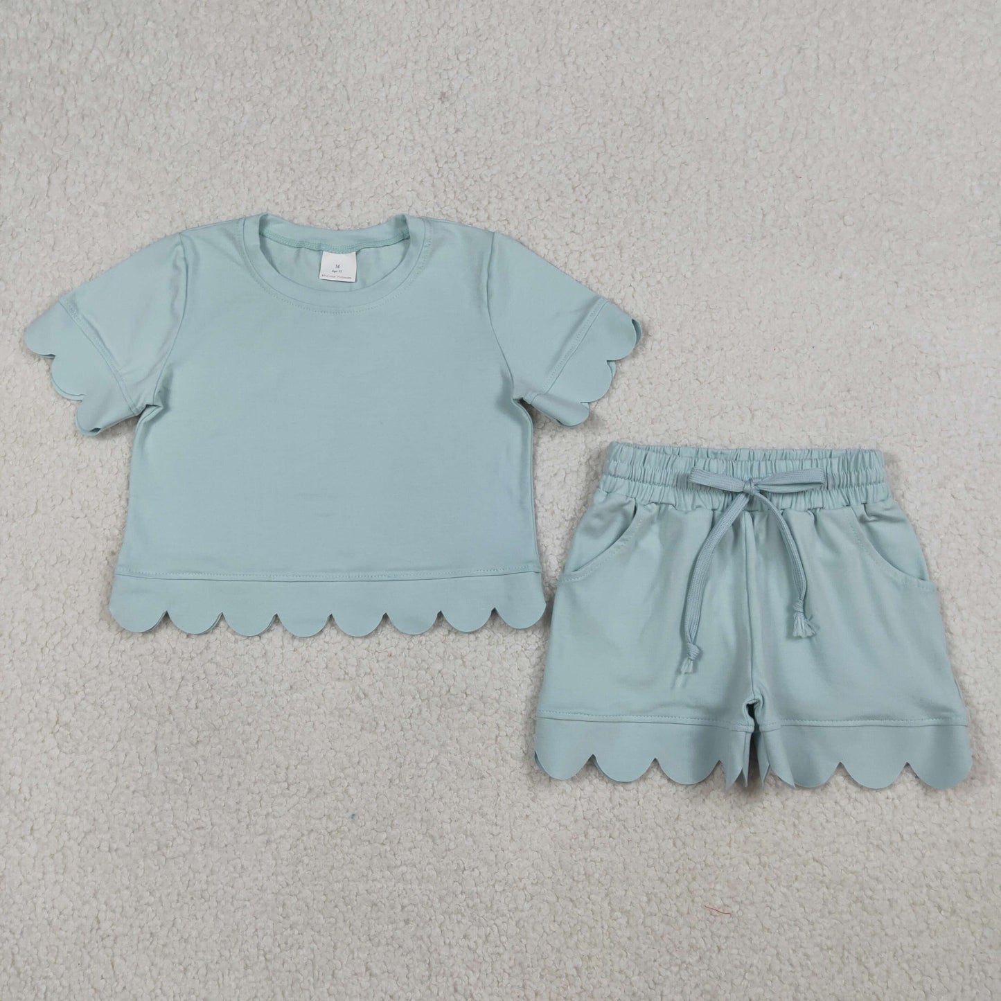 Sibling Baby Girls Kids Short Sleeves Shirts Scallop Shorts Sets Summer Cotton Clothes RTS