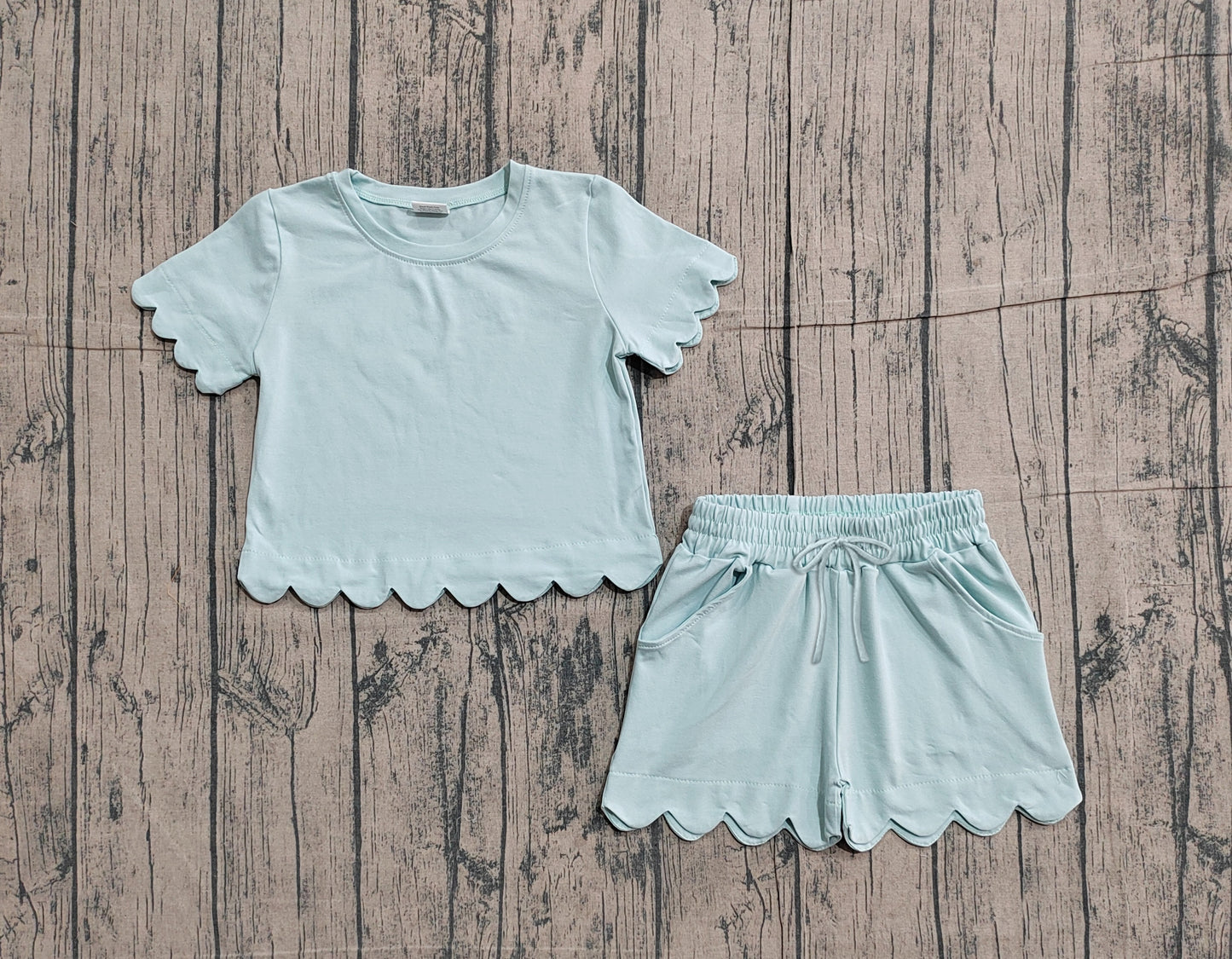 Baby Girls Short Sleeves Blue Shirt Scallop Shorts Girls Summer Clothes Set RTS