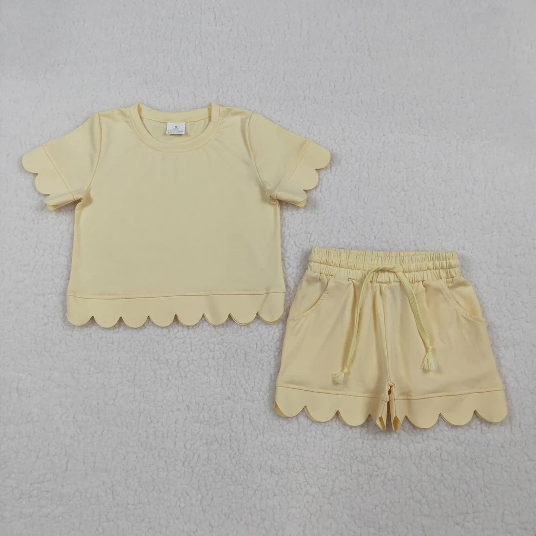 Sibling Baby Girls Adult Women Short Sleeves Yellow Cotton Shirts Shorts Scallop Sets Summer Clothes RTS