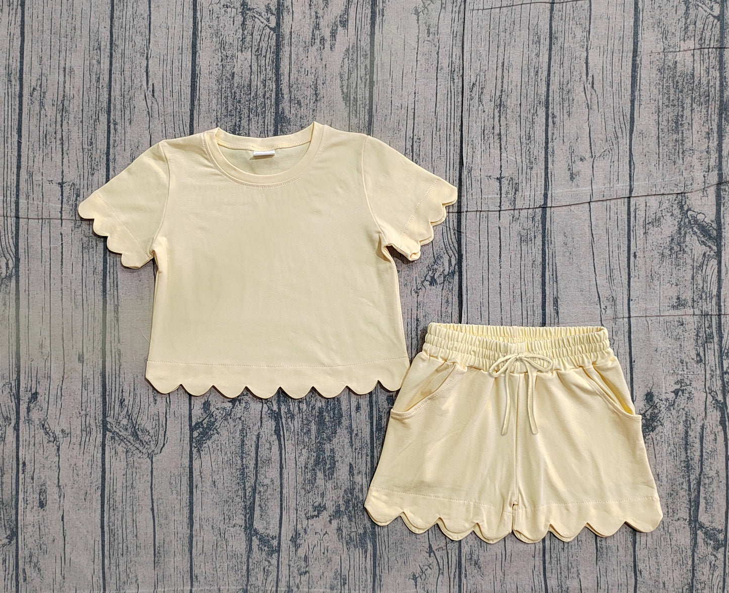 Baby Girls Short Sleeves Yellow Shirt Scallop Shorts Girls Summer Clothes Cotton Set RTS