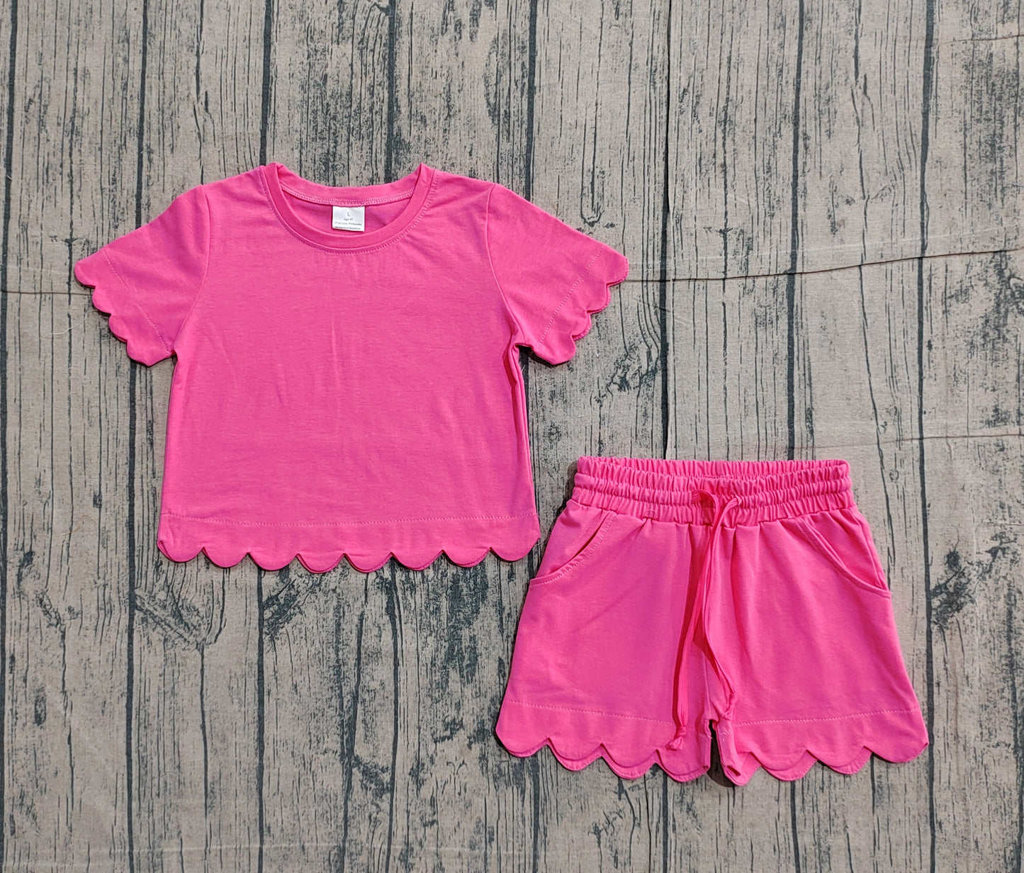 Baby Girls Kids Short Sleeves Hot Pink Shirt Scallop Shorts Summer Clothes Set RTS