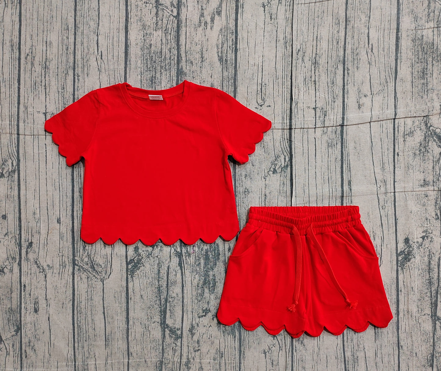 Baby Girls Kids Short Sleeves Red Shirt Scallop Shorts Summer Clothes Set RTS
