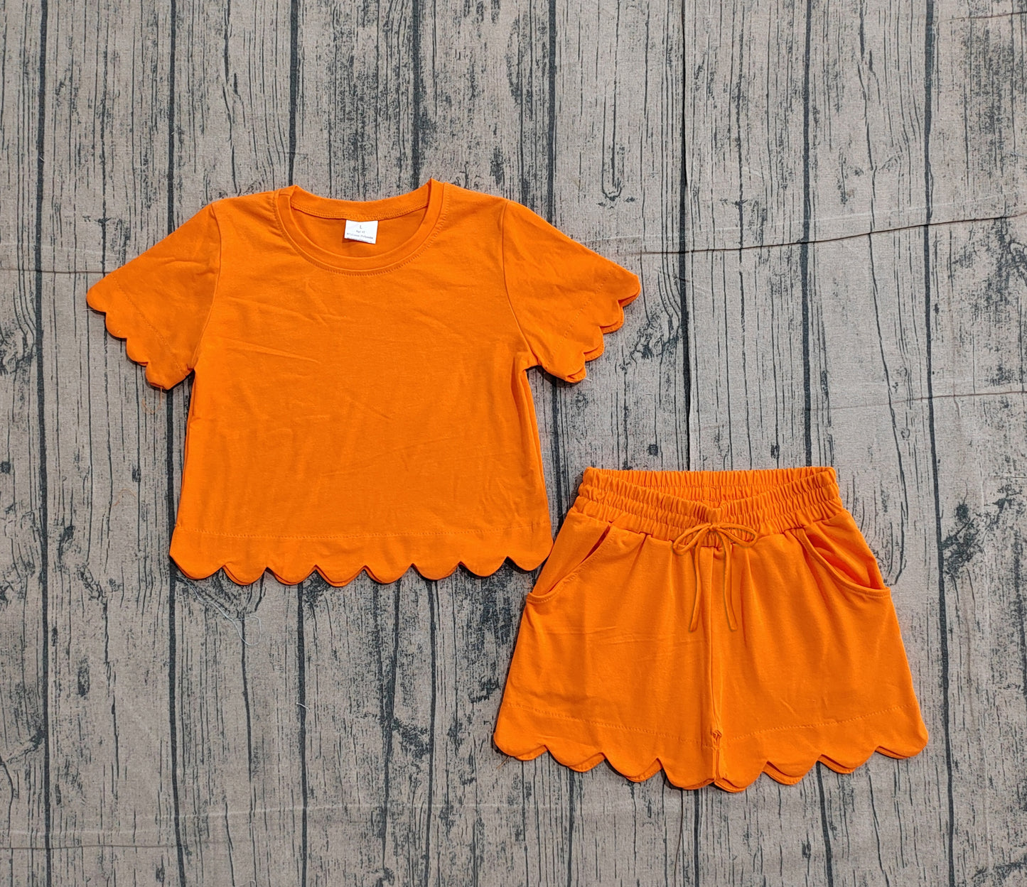 Baby Girls Short Sleeves Orange Shirt Scallop Shorts Girls Summer Clothes Set RTS