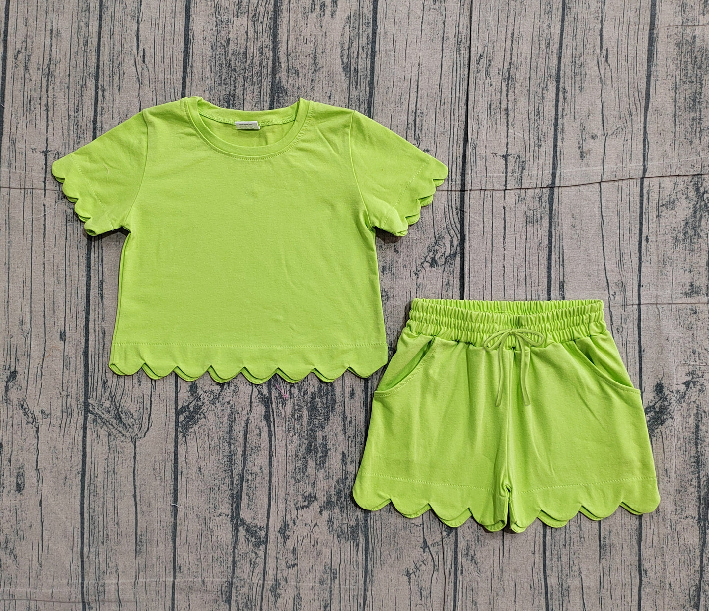 Baby Girls Short Sleeves Green Shirt Scallop Shorts Girls Summer Clothes Set