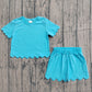 Baby Girls Kids Short Sleeves Blue Green Shirt Scallop Shorts Summer Clothes Set RTS