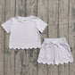 Baby Girls Kids Short Sleeves Plaid Shirt Scallop Shorts Purple Clothes Set RTS