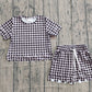 Baby Girls Kids Short Sleeves Black Plaid Shirt Scallop Shorts Clothes Set RTS