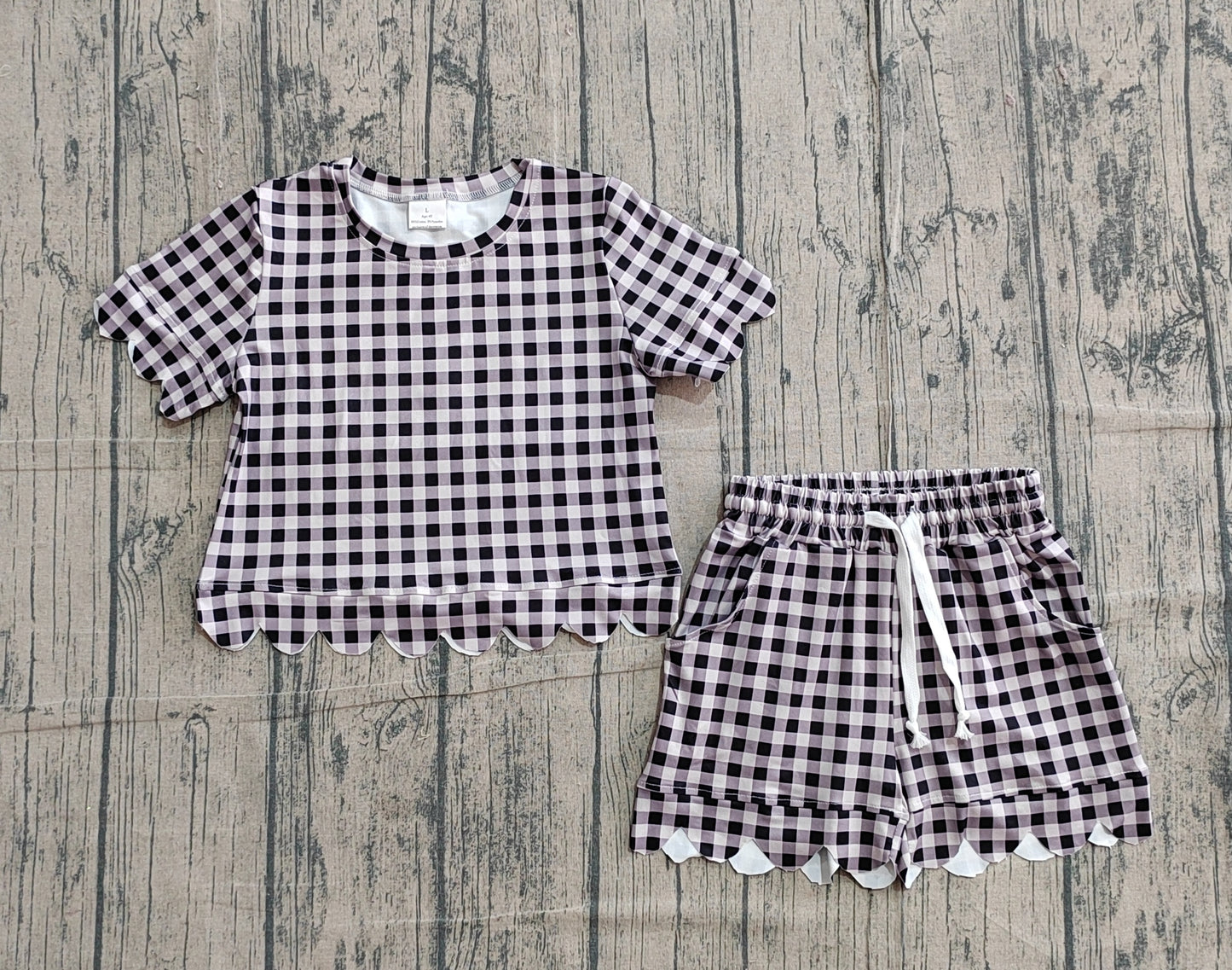 Baby Girls Kids Short Sleeves Black Plaid Shirt Scallop Shorts Clothes Set RTS