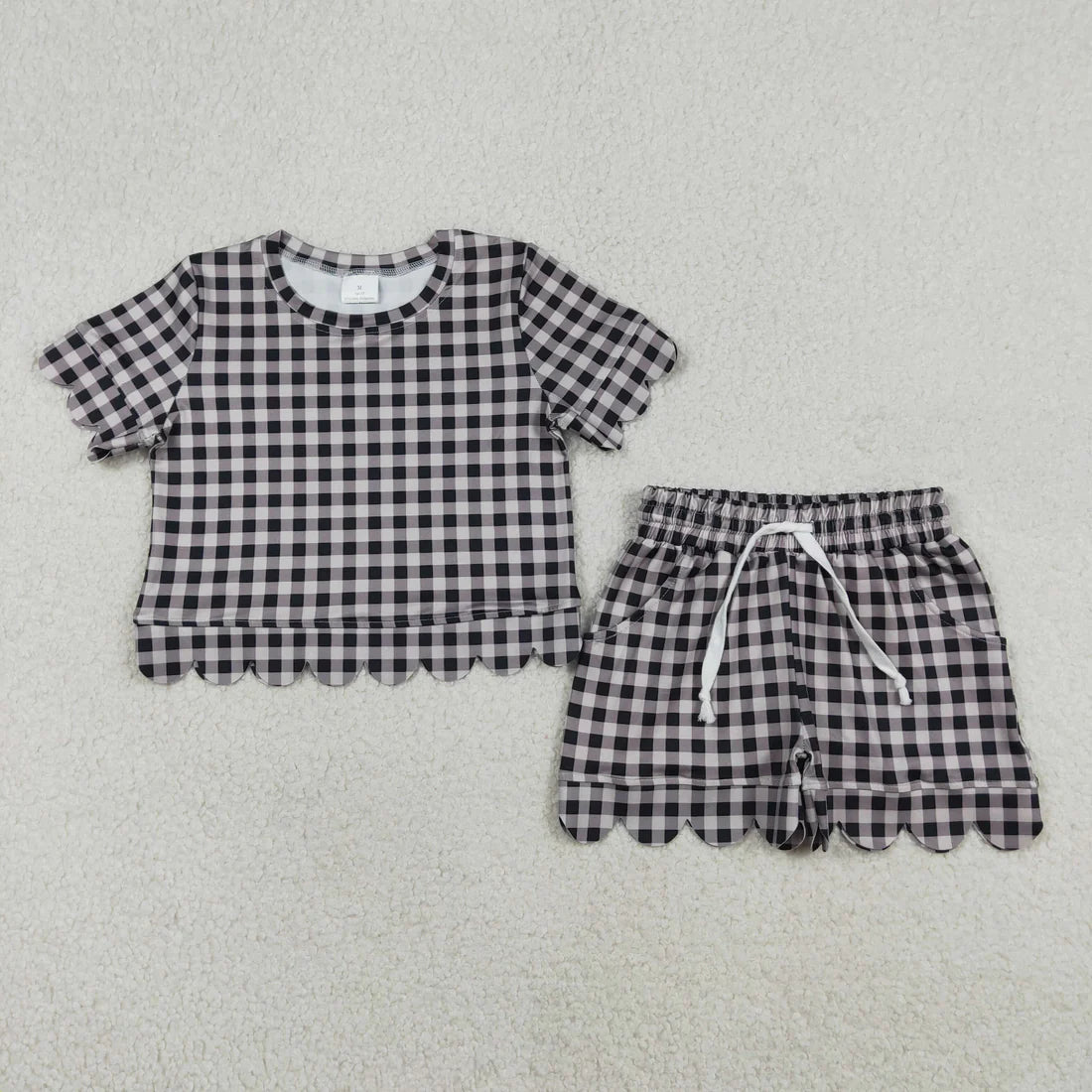 Sibling Baby Girls Kids Short Sleeves Plaid Tops Scallop Shorts Outfits Summer Clothes RTS