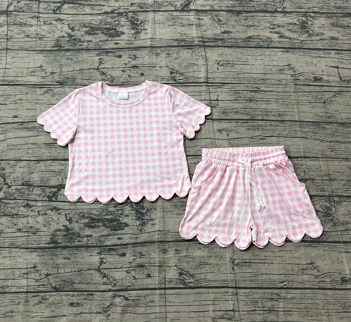 Baby Girls Kids Short Sleeves Pink Plaid Shirt Scallop Shorts Clothes Set RTS