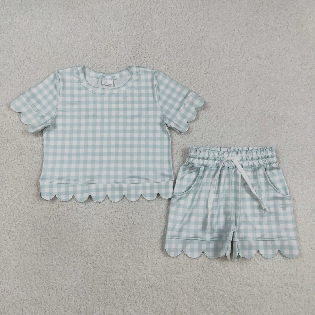 Sibling Baby Girls Kids Short Sleeves Plaid Shirts Scallop Shorts Sets Summer Clothes RTS