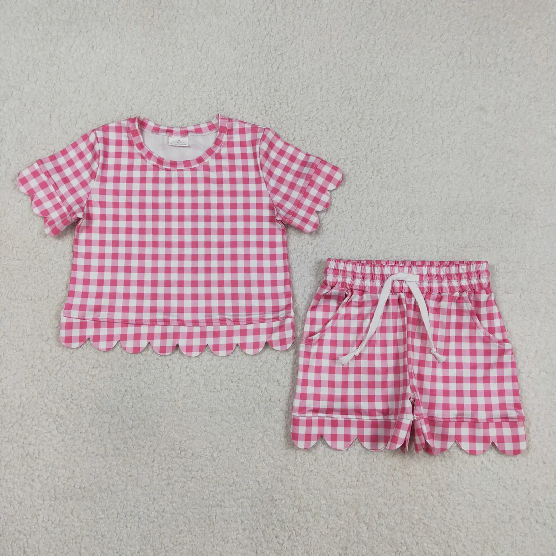Sibling Baby Girls Kids Short Sleeves Plaid Shirts Scallop Shorts Sets Summer Clothes RTS