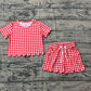 Baby Girls Kids Short Sleeves Plaid Shirt Scallop Shorts Red Clothes Set RTS