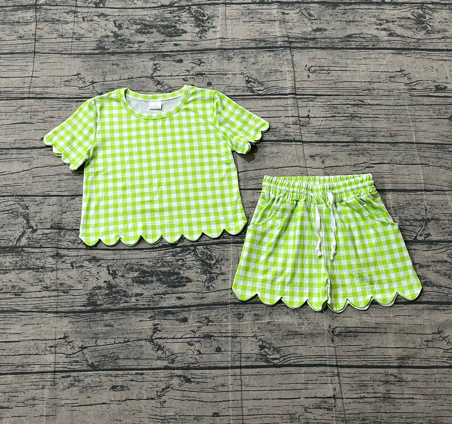 Baby Girls Kids Short Sleeves Plaid Shirt Scallop Shorts Green Clothes Set RTS