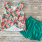 ( Moq 5 ) Preorder Baby Girls Toddler Sleeveless Flower Tops Green Shorts Summer Clothes Set