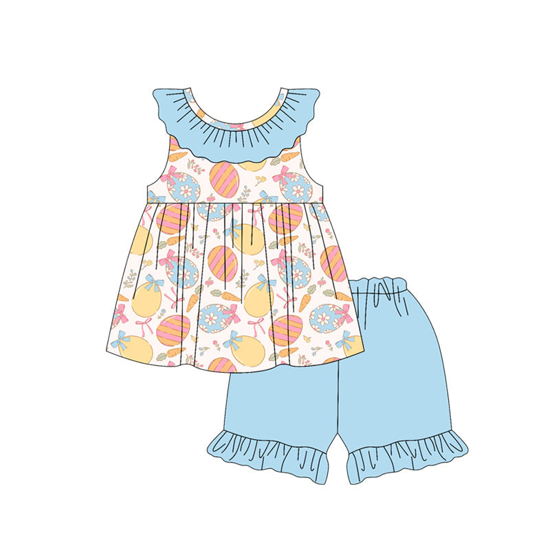 ( Moq 5 ) Preorder Baby Girls Kids Eggs Bows Flower Ruffle Tunic Blue Shorts Easter Clothes Set