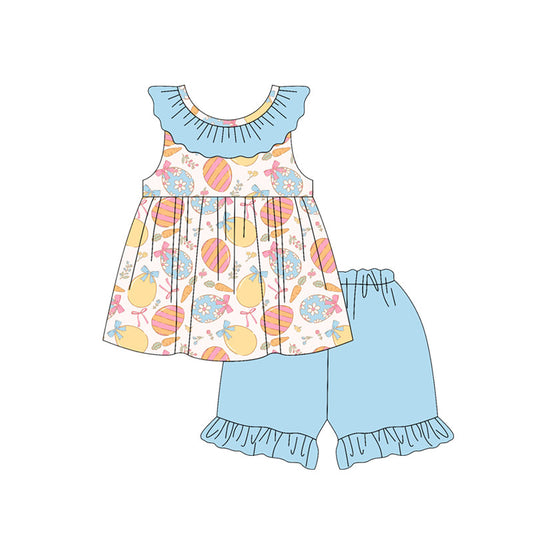 ( Moq 5 ) Preorder Baby Girls Kids Eggs Bows Flower Ruffle Tunic Blue Shorts Easter Clothes Set