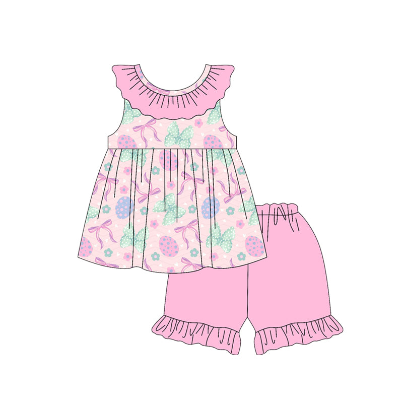 ( Moq 5 ) Preorder Baby Girls Kids Eggs Bows Flower Ruffle Tunic Pink Shorts Easter Clothes Set