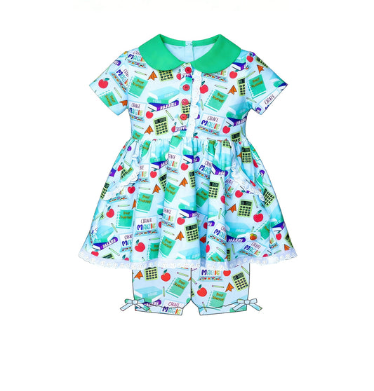 ( Moq 5 ) Preorder Baby Girls Kids Short Sleeves Books Apple Tunic Shorts Back to School Green Set