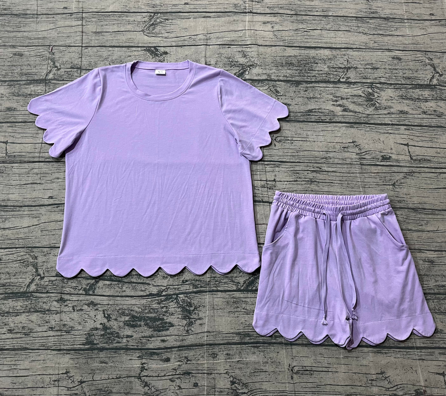 Adult Women Purple Short Sleeves Scallop Shirt Shorts Pajamas Clothes Set RTS