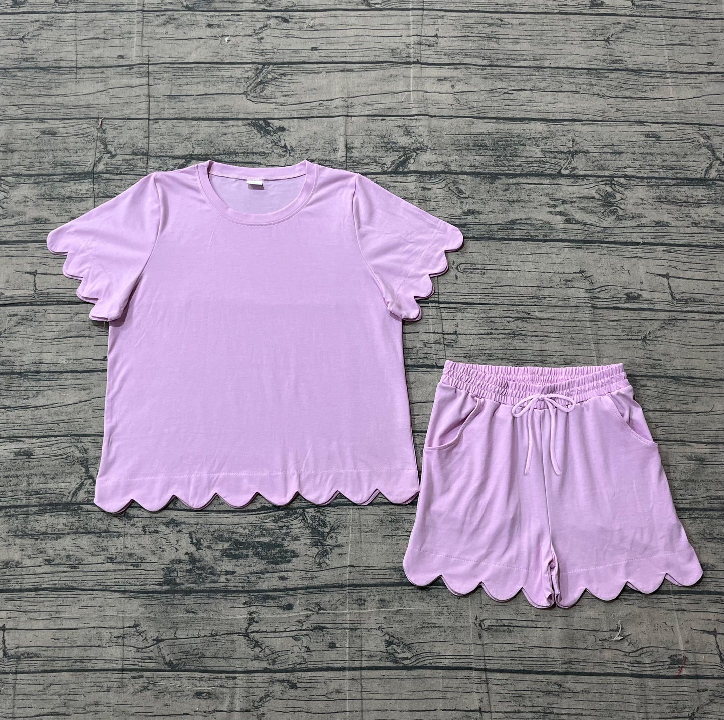 Adult Women Pink Short Sleeves Scallop Shirt Shorts Pajamas Clothes Set RTS