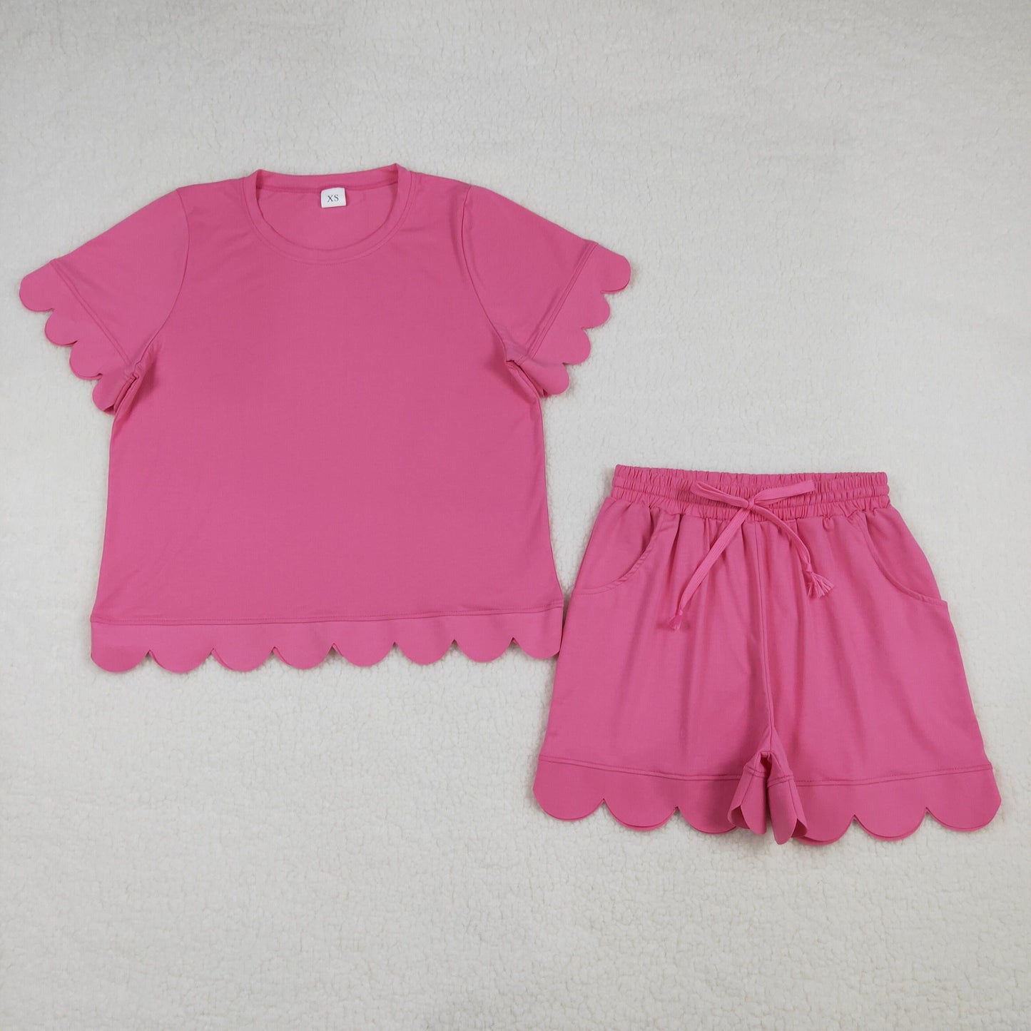 Sibling Adult Women Short Sleeves Shirts Pockets Shorts Cotton Sets Scallop Clothes