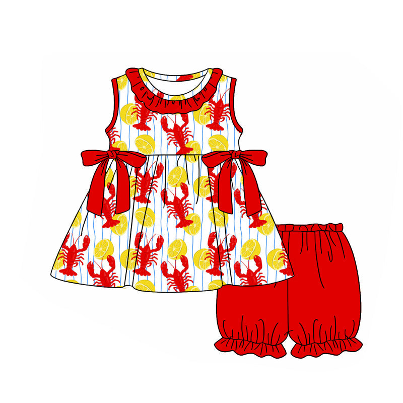 ( Moq 5 ) Preorder Baby Girls Kids Crawfish Lemons Bows Ruffle Tunic Red Shorts Summer Clothes Set