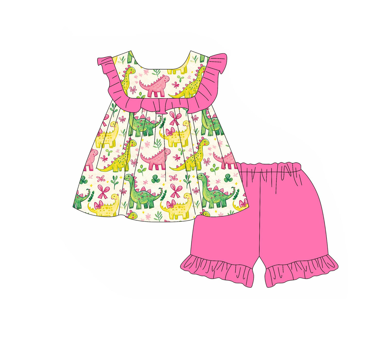 ( Moq 5 ) Preorder Baby Girls Kids Short Sleeves Dinosaurs Flower Bows Ruffle Tunic Pink Shorts Set