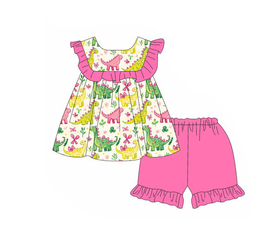 ( Moq 5 ) Preorder Baby Girls Kids Short Sleeves Dinosaurs Flower Bows Ruffle Tunic Pink Shorts Set