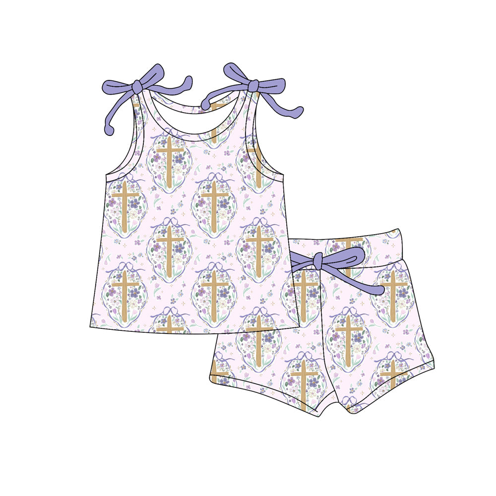 ( Moq 5 ) Preorder Baby Girls Kids Straps Crosses Floral Bows Tops Shorts Easter Clothes Set