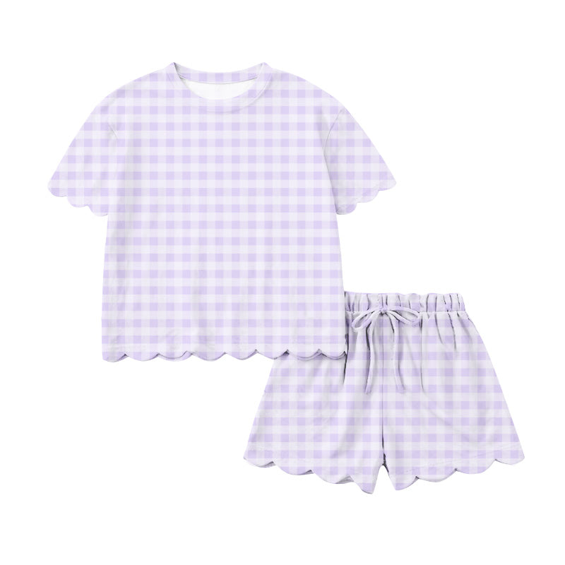( Moq 5 ) Preorder Adult Women Short Sleeves Shirt Shorts Purple Plaid Yoga Active Clothes Set