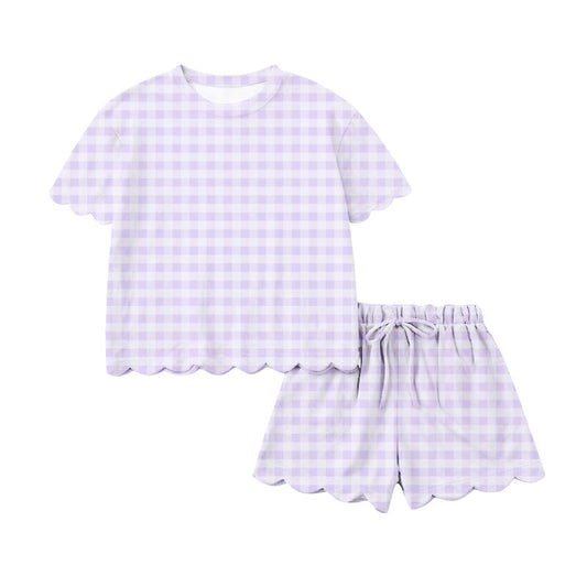 ( Moq 5 ) Preorder Adult Women Short Sleeves Shirt Shorts Purple Plaid Yoga Active Clothes Set