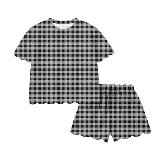 ( Moq 5 ) Preorder Adult Women Short Sleeves Shirt Shorts Black Plaid Yoga Active Clothes Set