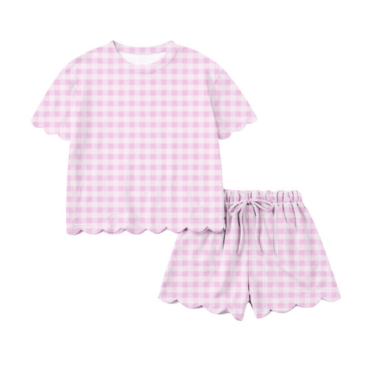 ( Moq 5 ) Preorder Adult Women Short Sleeves Shirt Shorts Light Pink Plaid Yoga Active Clothes Set
