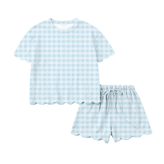 ( Moq 5 ) Preorder Adult Women Short Sleeves Shirt Shorts Light Blue Plaid Yoga Active Clothes Set