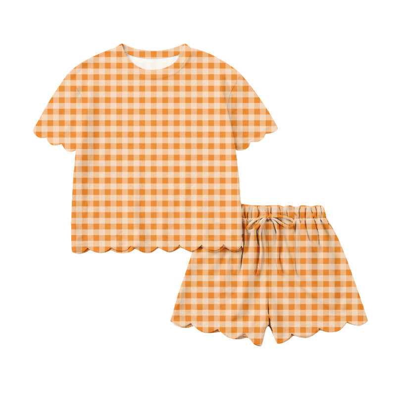 ( Moq 5 ) Preorder Adult Women Short Sleeves Shirt Shorts Orange Plaid Yoga Active Clothes Set