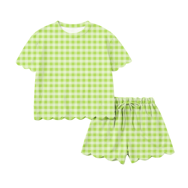 ( Moq 5 ) Preorder Adult Women Short Sleeves Shirt Shorts Green Plaid Yoga Active Clothes Set
