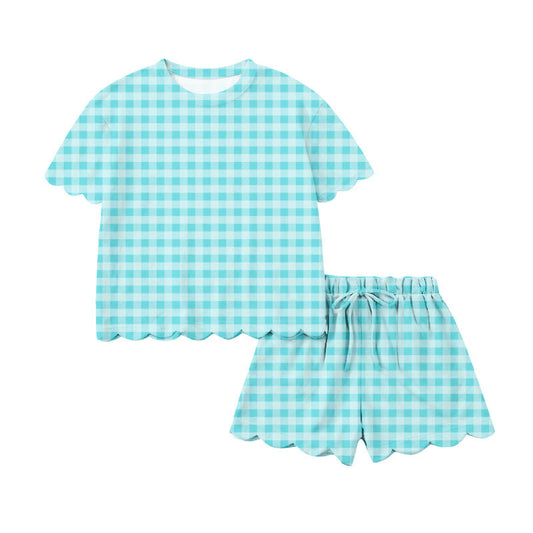 ( Moq 5 ) Preorder Adult Women Short Sleeves Shirt Shorts Blue Green Plaid Yoga Active Clothes Set