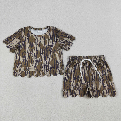 Sibling Baby Girls Adult Women Short Sleeves Camo Shirts Shorts Scallop Sets Summer Clothes RTS