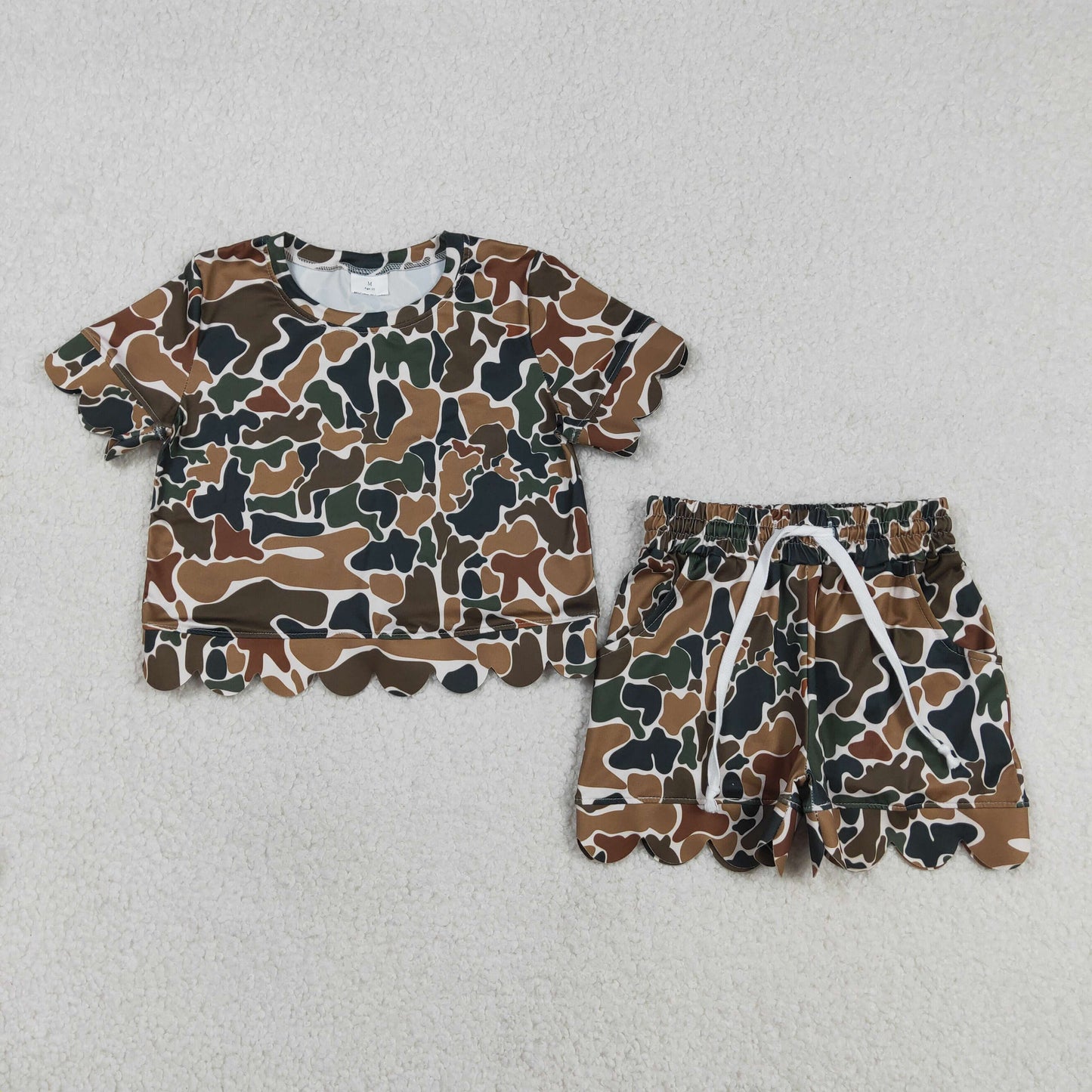 Sibling Baby Girls Kids Short Sleeves Camo Shirts Pockets Shorts Scallop Sets Clothes