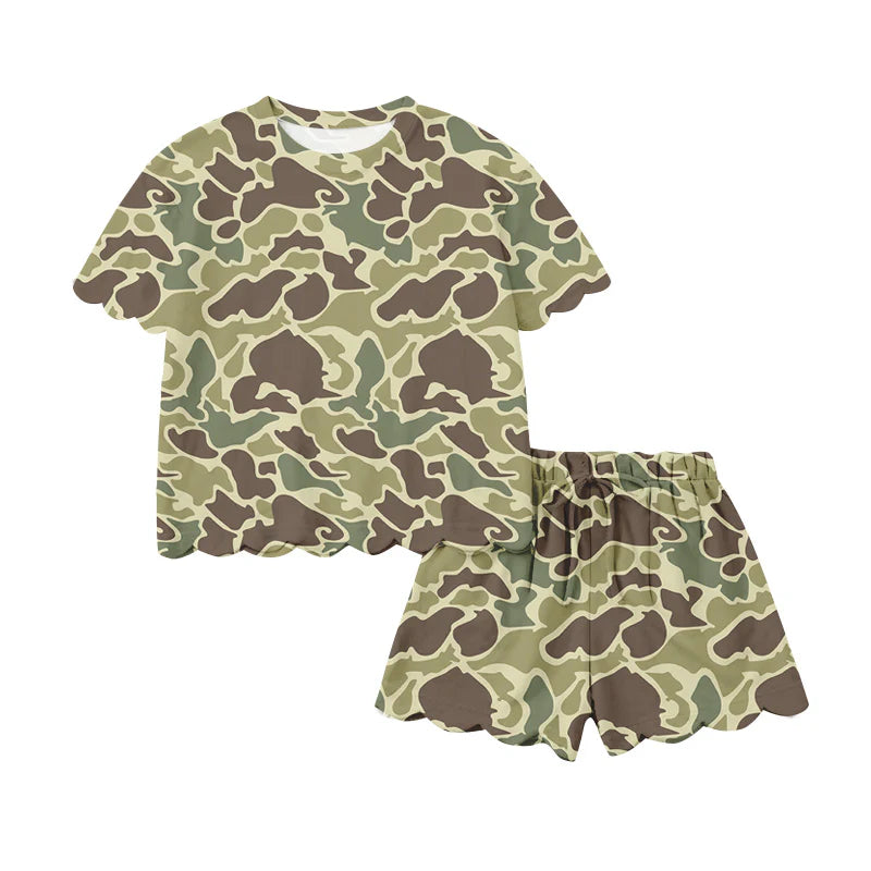 ( Moq 5 ) Preorder Adult Women Short Sleeves Green Camo Shirt Shorts Yoga Active Clothes Set