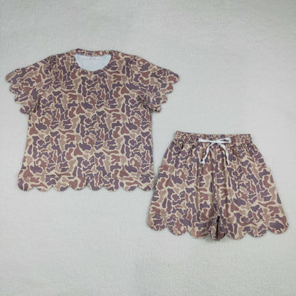 Sibling Baby Girls Adult Women Short Sleeves Camo Shirts Shorts Scallop Sets Summer Clothes RTS