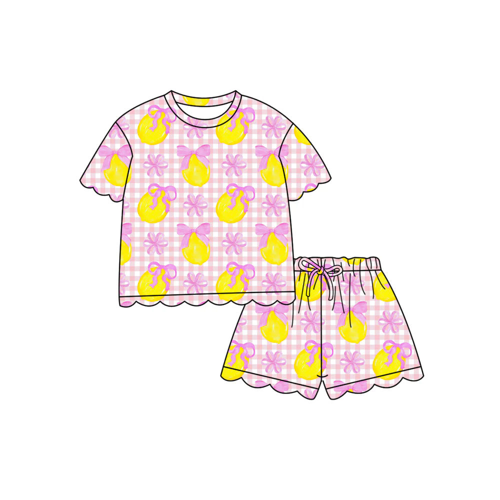 ( Moq 5 ) Preorder Baby Girls Kids Short Sleeves Lemons Pink Blue Plaid Shirt Shorts Summer Set