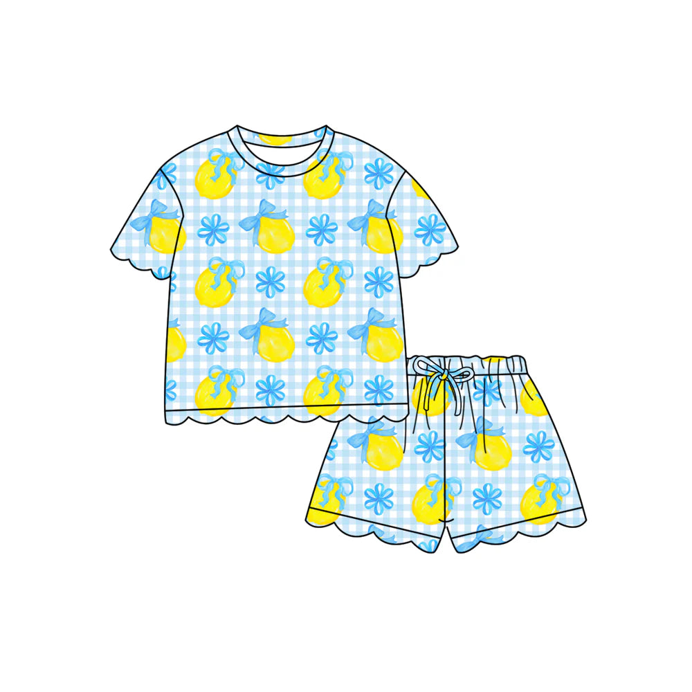 ( Moq 5 ) Preorder Baby Girls Kids Short Sleeves Lemons Bows Blue Plaid Shirt Shorts Summer Set